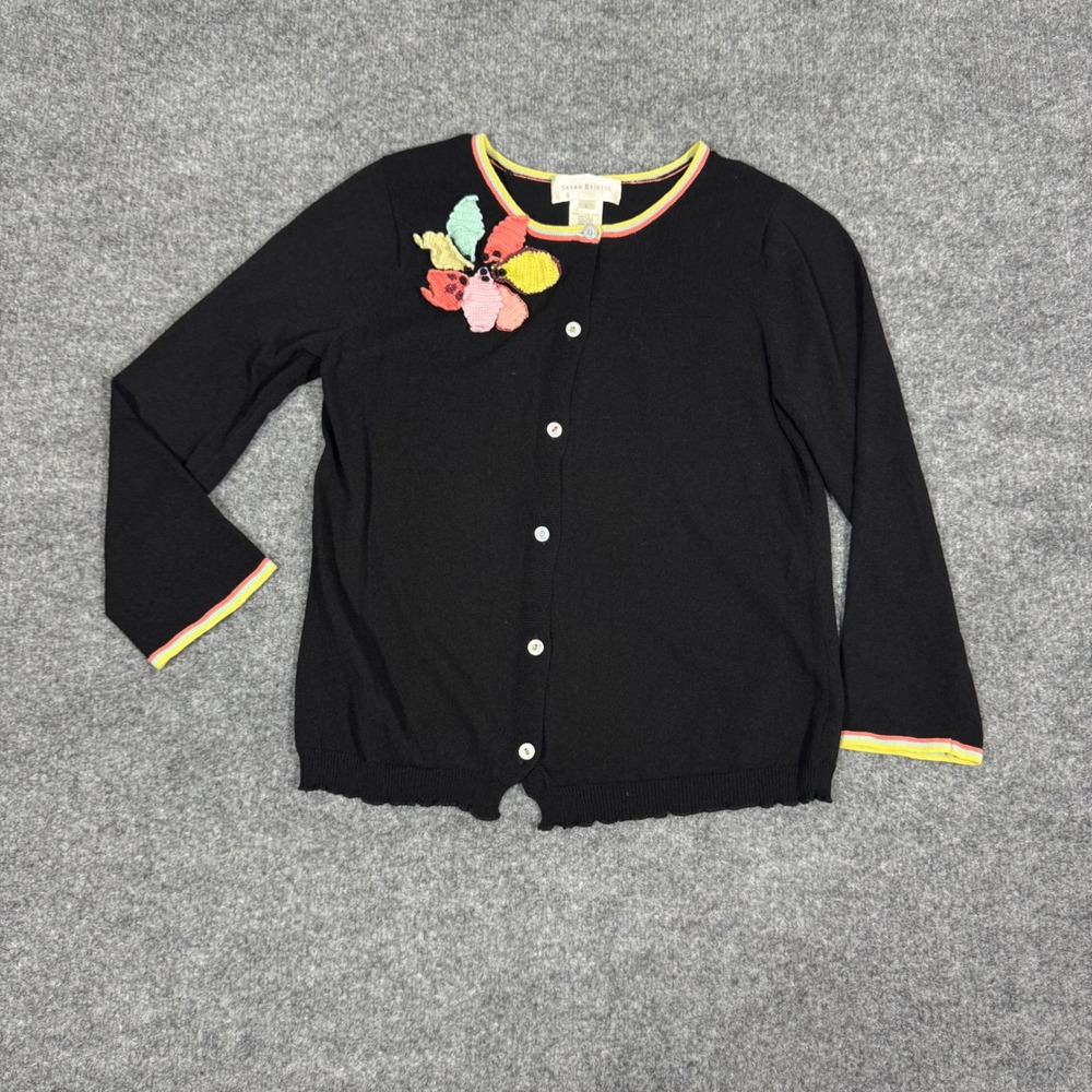 Vtg Susan Bristol Cardigan Crochet Floral Embroidered Womens L Black Knit EUC